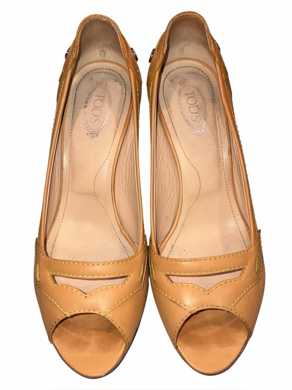 Tod’s Tan Leather Stitch Detail Open Toe Pumps Heels Shoes size 36.5